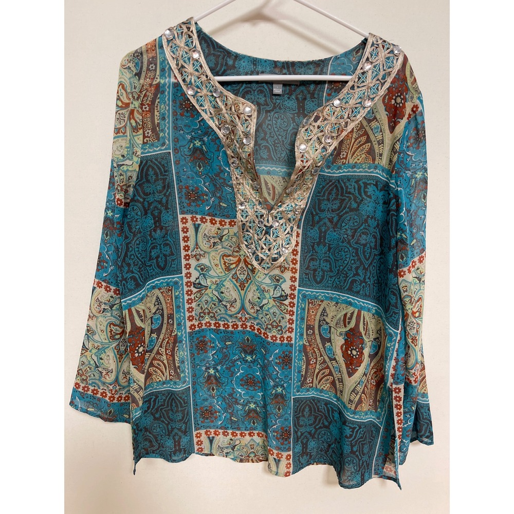 NY Collection Teal Paisley Patchwork Rhinestone Embroidered Tunic Top Large